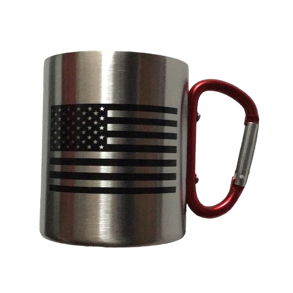 Bay Island Silver Stainless Steel Red Carabiner Handle American Flag Mug NWOT